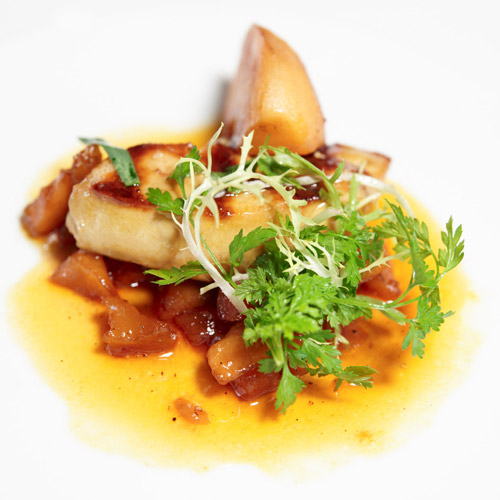 Caramelised cod steak, spinach and diced tomato confit, herb salad